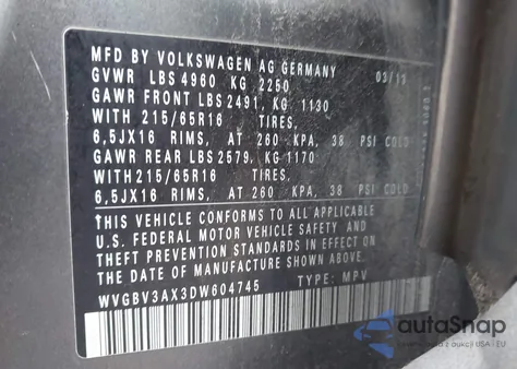 2013 Volkswagen Tiguan S из США, поврежденный, VIN WVGBV3AX3DW604745